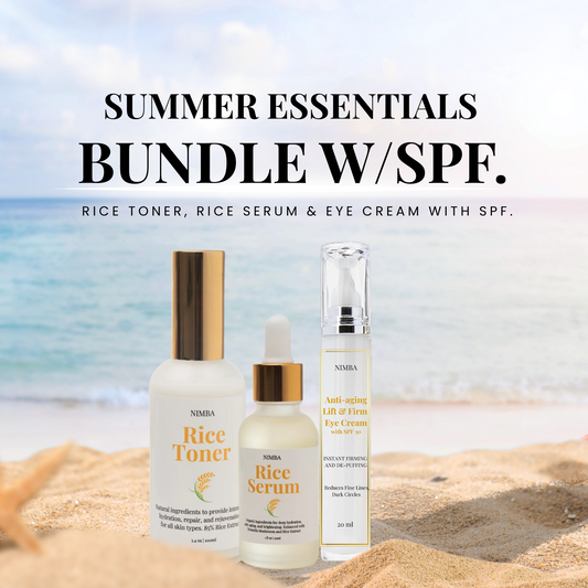 Nimba Cosmetics Summer Glow Bundle featuring Rice Toner, Rice Serum, and Under-Eye Cream arranged with natural props in bright, summery lighting—skincare products designed for hydration, glow, and smooth under-eyes.