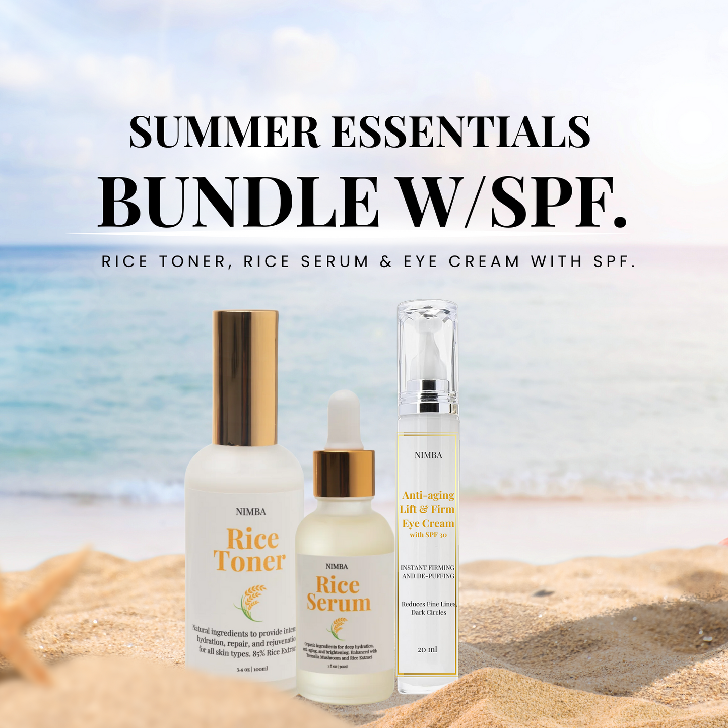 Nimba Cosmetics Summer Glow Bundle featuring Rice Toner, Rice Serum, and Under-Eye Cream arranged with natural props in bright, summery lighting—skincare products designed for hydration, glow, and smooth under-eyes.