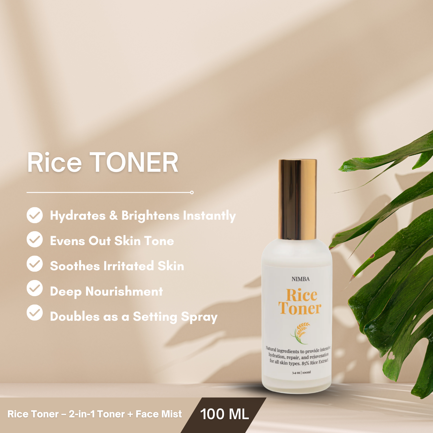 Nimba Cosmetics Summer Glow Bundle featuring Rice Toner, Rice Serum, and Under-Eye Cream arranged with natural props in bright, summery lighting—skincare products designed for hydration, glow, and smooth under-eyes.