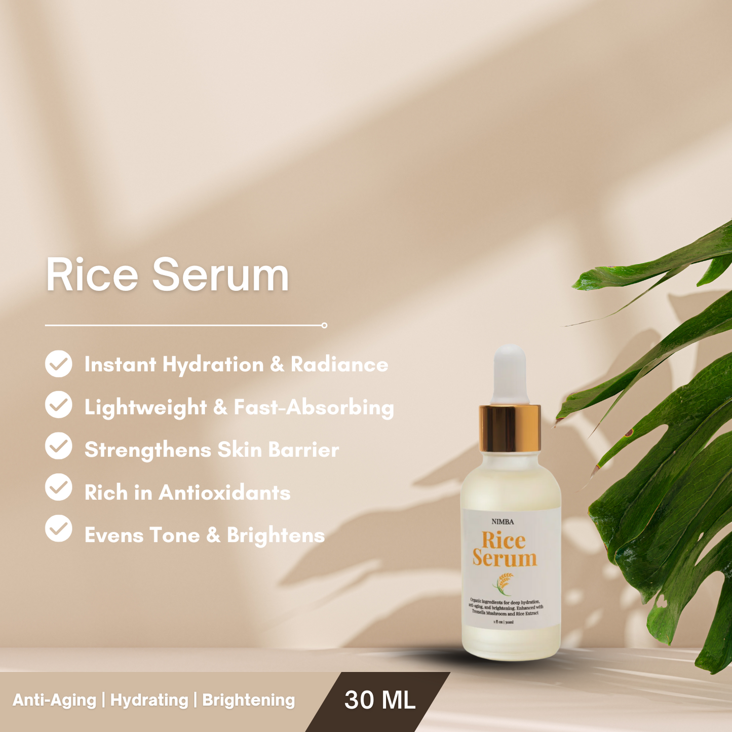 Nimba Cosmetics Summer Glow Bundle featuring Rice Toner, Rice Serum, and Under-Eye Cream arranged with natural props in bright, summery lighting—skincare products designed for hydration, glow, and smooth under-eyes.