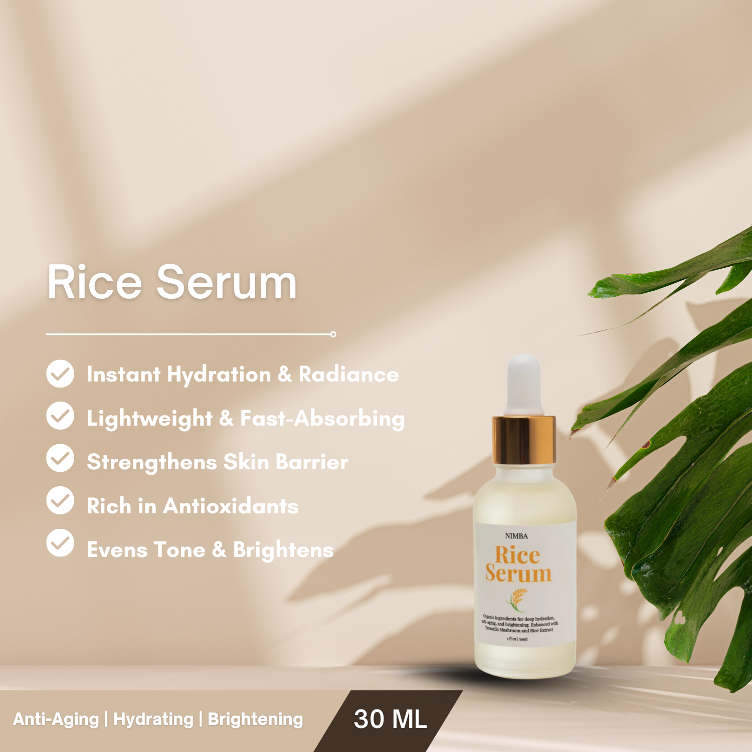 Nimba Cosmetics Summer Glow Bundle featuring Rice Toner, Rice Serum, and Under-Eye Cream arranged with natural props in bright, summery lighting—skincare products designed for hydration, glow, and smooth under-eyes.